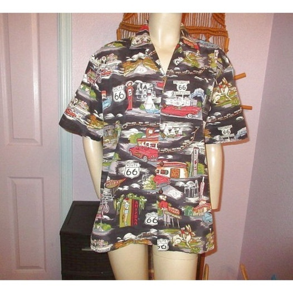 Vtg Pacific Legend Hawaiian Shirt Mens Size L Route 66 Classic Cars Camp USA